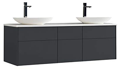 StoneArt Badmöbel Set Mineralguss Waschbecken Waschschale Aufsatzwaschbecken und Unterschrank Waschtisch Einzel- oder Doppelwaschbecken Venice VE-1610pro-3 dunkelgrau 160cm