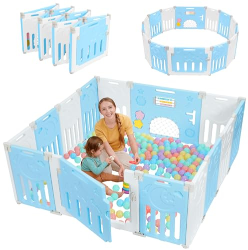 Dripex Laufstall Baby Faltbar, for Baby & Toddlers Kleinkinderzimmer, Möbel | Großes Laufgitter Baby mit verstellbarer Form,Erweiterbar mit Tür und Spielbrett für Innen/Außen,14 Panels/150x150cm/BlauWeiß