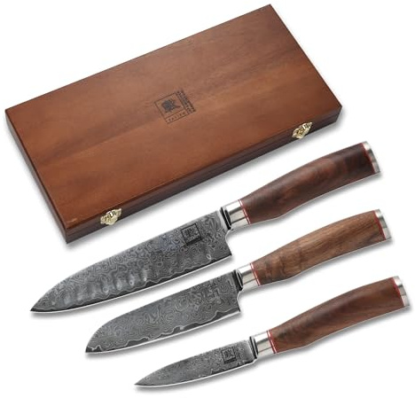 zayiko Kurumi 3-teiliges Küchenmesser-Set, 67 Lagen Damaststahl, VG-10-Kern | Santoku, kleines Santoku und Officemesser, Griffe aus Nussbaumholz, beidseitiger 15° V-Schliff, 60 ± 2 HRC, inklusive Holzbox