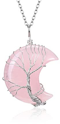 JSDDE Natural Rose Quartz Crystals Stone Necklace Healing Crystal Life Tree Wire Wrapped Moon Quartz Gemstone Pendant Necklace Jewelry