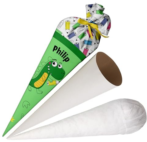 Ferocity Schultüte Dino Grün mit Namen für Jungen, Personalisierte Tüte, 70 cm Zuckertüte aus Stoff mit runde Papprohling und Füllung aus Silikonkügelchen, große Tüte als Kissen [149]