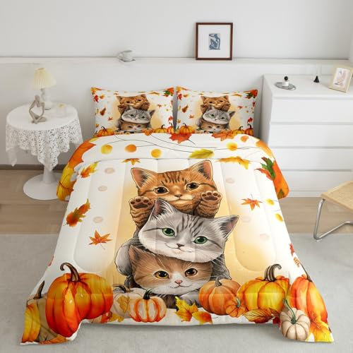 Erosebridal Kinder niedliche Katzen Tröster voller Herbst Kürbis Ahornblatt Bettwäsche-Sets für Mädchen Jungen, Herbst Thanksgiving Dekor Tröster-Set für Schlafzimmer, Happy Fall Dekorationen für