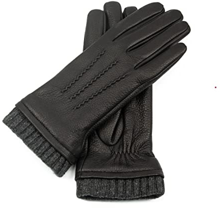 Hand Gewand by Weikert Exklusive Hirschleder Damen Lederhandschuhe mit Kaschmir-Fütterung, lang geschnitten mit Strickstulpe, Sportlicher Look, Hirschlederhandschuhe, warm, gefüttert
