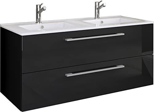 VCM 2-TLG. Doppel Waschplatz | 2X Waschtisch | Badmöbel Set mit Keramik Waschbecken | H. 51 x B. 112 x T. 46 cm | Doppelwaschbecken Budasi