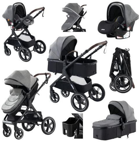 YAZOCO Kompakter 3 in 1Kinderwagen Anstout Terrain Luxus Hohe Landschaft Vierfacher Kinderwagen 0-36kg Faltbarer Gehstock Baby Kinderwagen Komfort Autositz Zubehör (Grau)