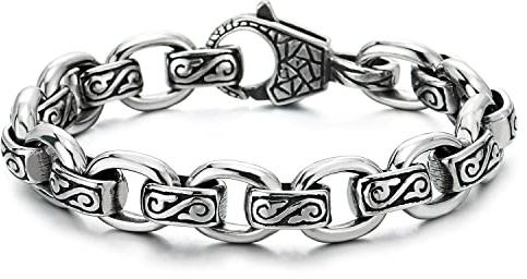 COOLSTEELANDBEYOND Bracciale da Uomo Donna in Acciaio Vintage con Catena a Maglia Rolo, Disegno a Spirale Infinita e Onde Filigrana
