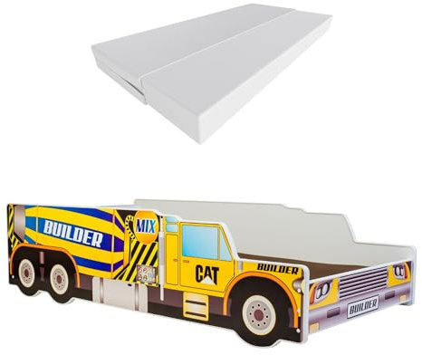 KOBI Kinderbett Auto Fahrzeug Auto | Betonmischer LKW Rührwerk | Kinderbett Jungen Mädchen | mit Lattenrost und Matratze | Hüttenbett mit Barriere (Kipplaster, 140x70)