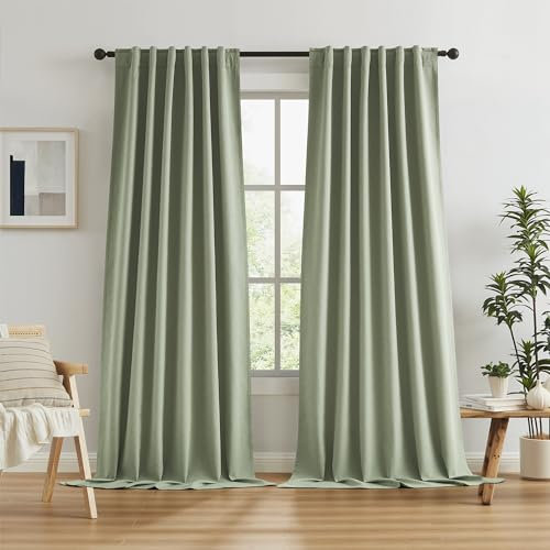KEQIAOSUOCAI Extra Long Blackout Linen Curtains 120 Inches Long, Back Tab Loop Pocket Hook Belt Long Drapes for High Ceiling Loft Living Room 50 x 120 Inch, 10 FT Tall, 2 Panels, Sage Green