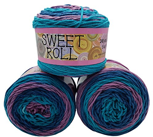 3 x 140 Gramm Strickwolle Ilkadim Export Sweet Roll mit Farbverlauf, 420 Gramm Wolle mehrfarbig, Farbverlaufswolle (flieder mint petrol 1047-14)