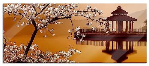 Pixxprint Glasbild Panorama, Wandbild aus Echtglas, Kirschbaum an See, 120x50 cm, inkl. Aufhängung und Abstandshalter