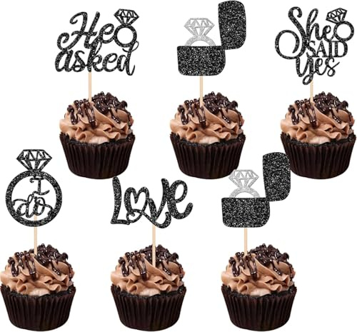 30 Stück He Asked She Said Yes Tortendeko Love I Do Cupcake Toppers Diamant Ring Bräutigam Dusche Kuchen Deko für Hochzeit Enaggement Thema Party Torte Dekorationen Schwarz