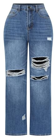 THUNDER STAR Womens High Waisted Wide Leg Jeans Stretchy Distressed Denim Pants Blue L