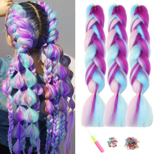 Kanekalon Extensione de Pelo Trenzas Africanas, ShowJarlly 24 Pelo Trenzas Africanas Extensiones，Rainbow Colors Pelo Sintetico Trenzas de Crochet Para Pelo Africanas Extensiones(Lila/Azul/Rosa/Cian)