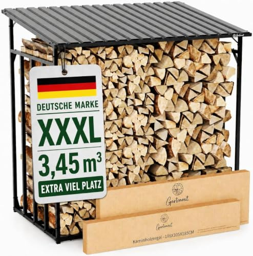 Gartenzeit® Étagère à bois de cheminée d'extérieur XXXL 186 x 105 x 185 cm – 3,45 m³, 5,25 SRM, cadre en métal 30 x 30 mm, toit en métal galvanisé à chaud, 105 cm de profondeur, aide à l'empilage du