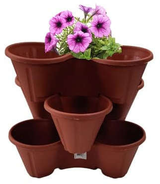 Shop4allsorts Set Of 3 Terracotta Colour Strawberry Trio Planter Flower Pot Stackable Plastic Patio Herb Pot