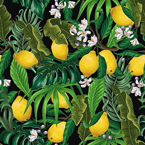 VEELIKE Tropische Tapete Zitrone, Gelb, grüne Blätter, schwarze Blumen, Dschungel, Palmblatt, Wanddekoration, Schlafzimmer, Badezimmer, 44,5 cm × 300 cm