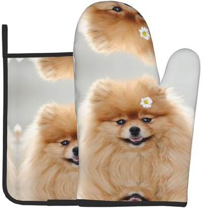 Ofenhandschuhe und Topflappen-Set, Hund mit Blume, personalisierbar, bedruckt, sicher, hitzebeständig, rutschfest, für Küche und Kochen