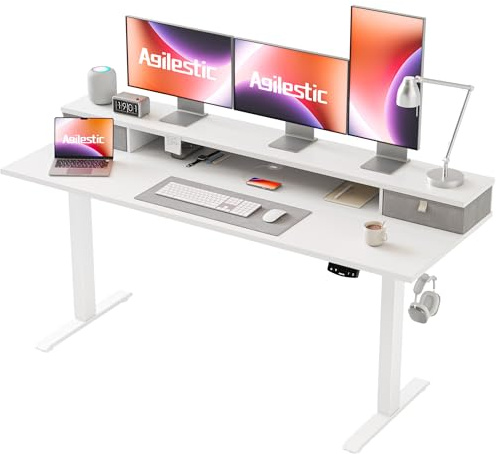 Agilestic Höhenverstellbarer Schreibtisch mit 2 Schubladen | Schreibtisch elektrisch 160 x 60 cm, Gaming Schreibtisch mit 2 Speicherplätzen, Computertisch für Homeoffice, Weiß
