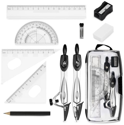 GALAMAX 10pcs Maths Set, Protractor And Compass Set, Geometry Sets for Secondary School Ruler Set For Drafting And Drawing Including Rulers Pencil Eraser Sharpener Storage Case School Supplies