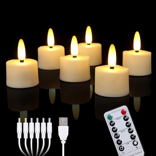 Cibnew LED Teelichter Wiederaufladbar, Flammenlose Kerzen mit Fernbedienung,Dimmbar & Flackernd, USB Elektrische Kerzen für Halloween Weihnachten Hochzeit Party Deko(6 Stück Beige)