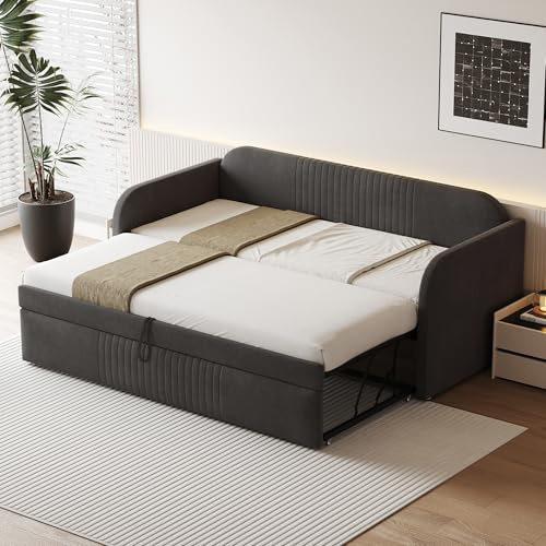 Idemon Cama tapizada Sofá cama extensible 90/180 x 190 cm, con rayas verticales, con somier, cama multifunción, tejido de lino cómodo y transpirable (gris)