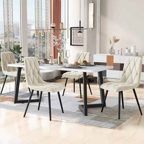 YCYDHDM Esstisch mit 4 Stühlen Set, Esstisch Set mit Essstuhl aus Samt, Küchentisch-Set für 4 Personen, Essgruppe für Küche Esszimmer und Wohnzimmer, MDF Tischplatte, Beige Stühlen