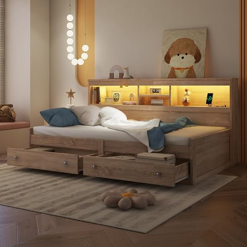 Plattformbett 90x200 cm mit LED Beleuchtung und 2 Schubladen, Schlafsofa Tagesbett mit Staufach und USB Ladefunktion, Daybett Kinderbett Sofabett Jugendbett, Lattenrost aus Holz, Ohne Matratze, Natur