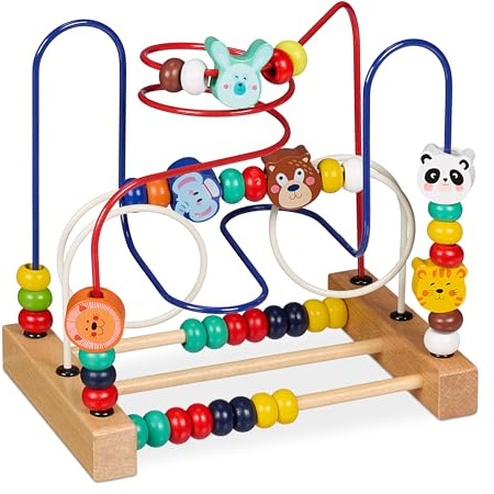 Relaxdays Gioco in Legno per Bambini, Labirinto Cubo Muliattività Bimbi 1 Anno, Motricità Neonato, Design D Colorato, 21 x 22,5 x 14,5 cm