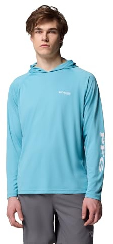 Columbia Mens PFG Terminal Tackle Long Sleeve Fishing Hoodie, Vintage Blue/White Logo, Large