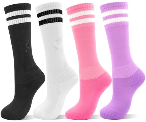 DECOVICI Kids Football Socks for Girls and Boys 4 Pairs, Knee High School Socks for Children, Soft Striped Socks for Junior Age 3-13 Rugby Daily Running Training
