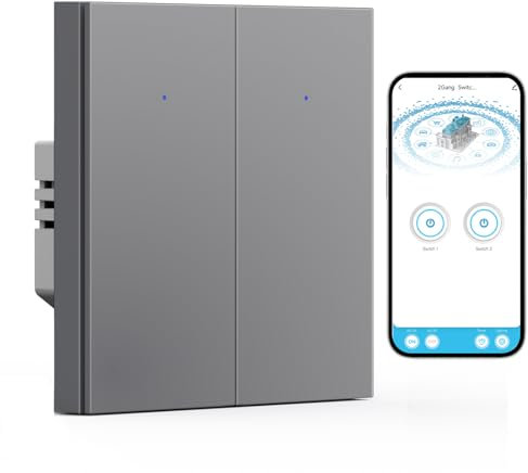 BSEED WIFI Smart Lichtschalter, 2 Fach 1 Weg Wlan Wippschalter Unterputz Grau, Kompatibel mit Alexa und Google Home, funktioniert mit Smart Life App(Neutralleiter erforderlich)