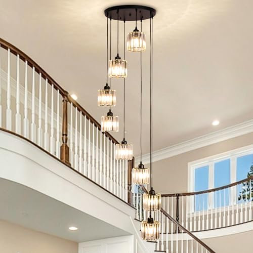 diisunbihuo Black High Ceiling Staircase/Stairwell Chandelier, Long Drop Spiral Crystal Pendant Light, 8-Light E26, Height Adjustable, Canopy 15.7, Bulbs Not Included