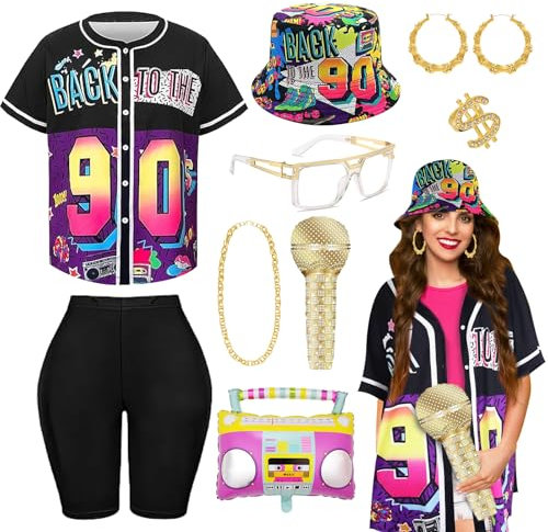 9pcs 90s Hip Hop Outfits Accessories Set for Adults, Rapper Rocker Fancy Dress Kit with Hat Shirt Dollar Sign Ring Bracelet Necklace Glasses Inflatable Radio Microphone for Disco Theme Party (M)