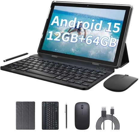 2 in 1 Android Tablet 12GB RAM+64GB ROM Tablets 10 inch Android 15 Tablet Set, Tablets with Keyboard Case Mouse Stylus, 10.1 IN HD Touch Screen 2MP+8MP Dual Camera 6000 mAh battery Tab WiFi-6 Tableta