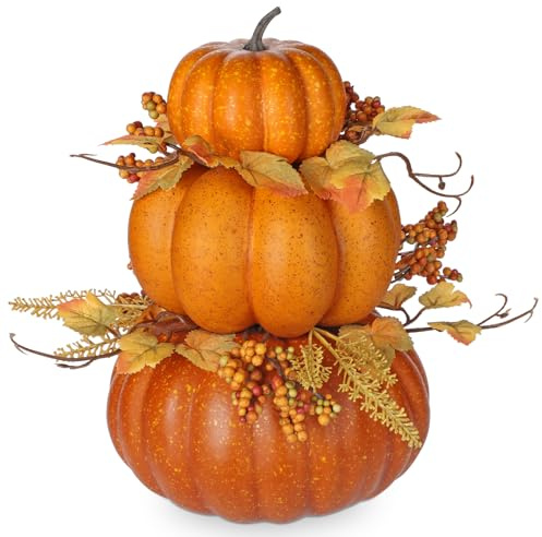 Oairse Künstlicher Kürbis mit Ahornblättern und Beeren Kürbis Tischdekoration für Halloween Herbstdekorationen, Herzstück für Herbsthochzeit, Herbst-Wohnkultur, Thanksgiving-Dekoration