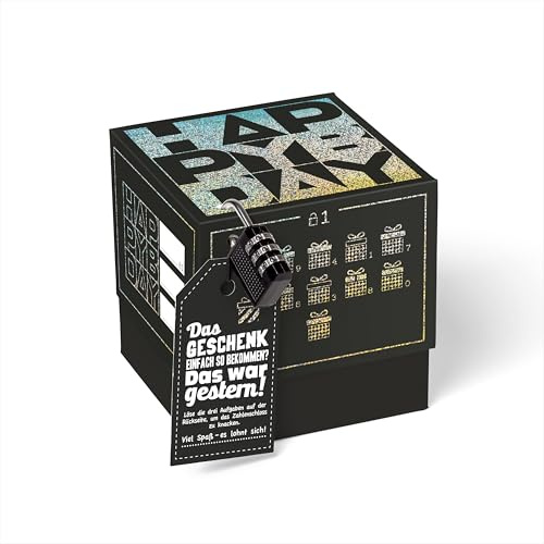 SURPRISA Rätselbox - Geldgeschenke Geburtstag, Rätsel Geschenkbox Gutschein | Geschenkverpackung Geldgeschenke, Gutscheine, Geburtstag, Motiv: Happy Bday-Rätsel, Schwarz mit Glitzerfolie, Größe S (12 cm)