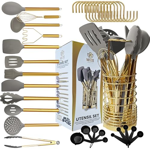 Wize Products - Silicone Kitchen Utensils Set 38 PCS, Non Stick & BPA-Free Gold Stainless Steel Kitchen Cooking Tools with Holder - Hanging Hook Cooking Utensils for Culinary Task - Ideal for Gift