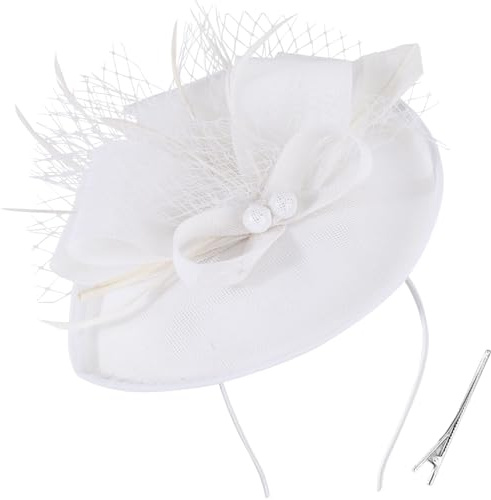 DRESHOW Blume mit Einzelnem Pfeil Feder Fascinators Hut Stirnband und Eine Gegabelte Clip Braut Kopfbedeckung Derby Fascinator Pillbox Hut Kopfschmuck für Mädchen & Damen