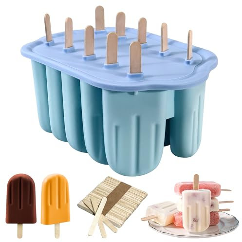 Ice Lolly Moulds with Sticks, 10 Cavity Reusable Silicone Popsicle Mould BPA Free Ice Pop Moulds Non-Stick Easy to Remove Ice Lolly Maker with 50pcs Popsicle Sticks for Kids Adult DIY Ice Cream (Blue)
