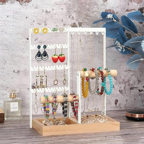 LadjproR Portagioie multistrato, organizzatore per gioielli, portagioie, organizer per gioielli, organizzatore con base ad anello, supporto in legno per collane, anelli, bracciali (BS-2C)