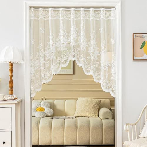 Blommor & blad bistrogardin kök (100 x 150 cm) – transparent broderi spets voile, med öljetter, polyester, vit – lantlig stil