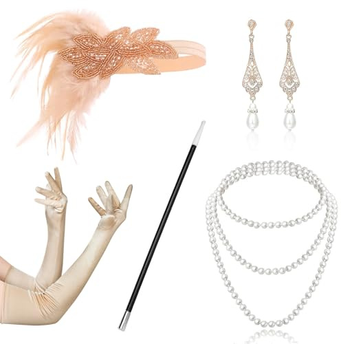 CHRI 7 Stück 20er Jahre Kostüm Damen Accessoires, Great Gatsby Accessoires Damen, 1920er, Karneval Kostüm, Federkopfschmuck