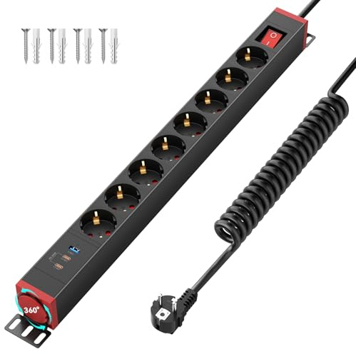8 Fach Steckdosenleiste mit 2 USB C PD20W, Airmom Mehrfachsteckdose mit Überspannungsschutz, 360° drehständer, 16A/4000W Metallgehäuse Steckdosenleiste Wandmontage mit Schalter, 1.6M Spiralkabel