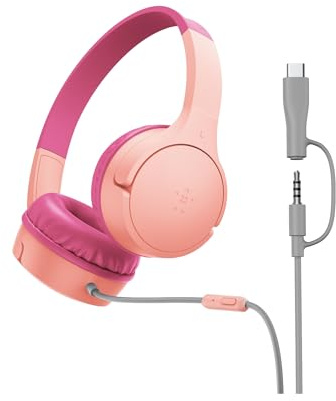 Belkin SoundForm Mini Kids Wired Headphones with USB-C to 3.5mm Dongle, Built-in Mic & Fun Stickers, 85dB Max Volume – for Online Learning, Travel, Compatible with iPhone, iPad, Galaxy, etc - Pink