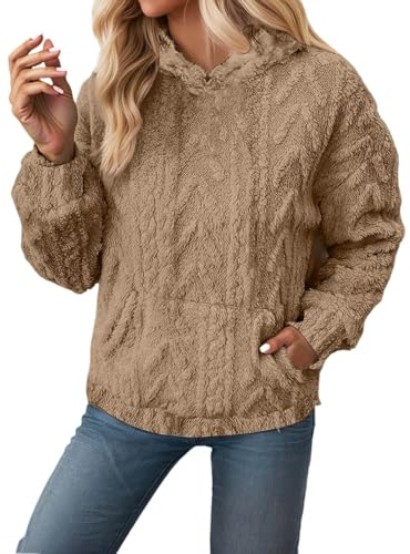 Giacca da donna in maglia grossa, con cappuccio in pile, inverno, calda, oversize, pullover-felpa con design jacquard, morbida, confortevole, casual, con cappuccio, per l'autunno e il freddo, con