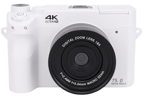 YUEHISY Cámara Digital 4K, Cámara sin Espejo de Lente Dual de 75MP HD con una Linterna de Zoom Digital 18x, para Viajar por Fotografía (White)