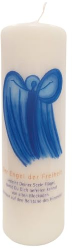 Engelkerze „Der Engel der Freiheit“ 6 x 18 cm – weiße Kerze mit blauem Engelmotiv & Segensspruch – spirituelle Geschenkidee für Befreiung Mut Hoffnung Zuversicht