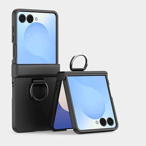 YUECXIN för Samsung Galaxy Z Flip 7 5G fodral | ultratunn matt skinnkänsla ringhållare, heltäckande gångjärnsskydd stötsäkert för Samsung Galaxy Z Flip 7 5G, svart