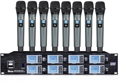 8 Channel Wireless Handheld Microphone System Pro UHF 8 Channel 8 Handheld mic for School Drama Theatre Stage Performance, 8 Individual Antennas Reception, Adjustable Frequency, Rack Mountable