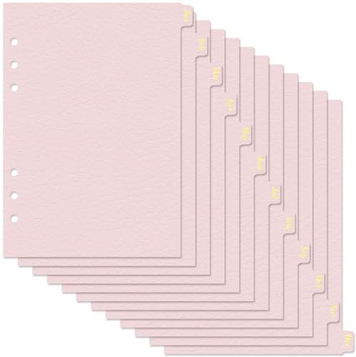 Koqye Leather Textured A5 6-Ring Binder Dividers with 12 Monthly Tabs, Pink Paper Index Page Separators for Planner/Organizer (1 Set - 12 Monthly Tabs)